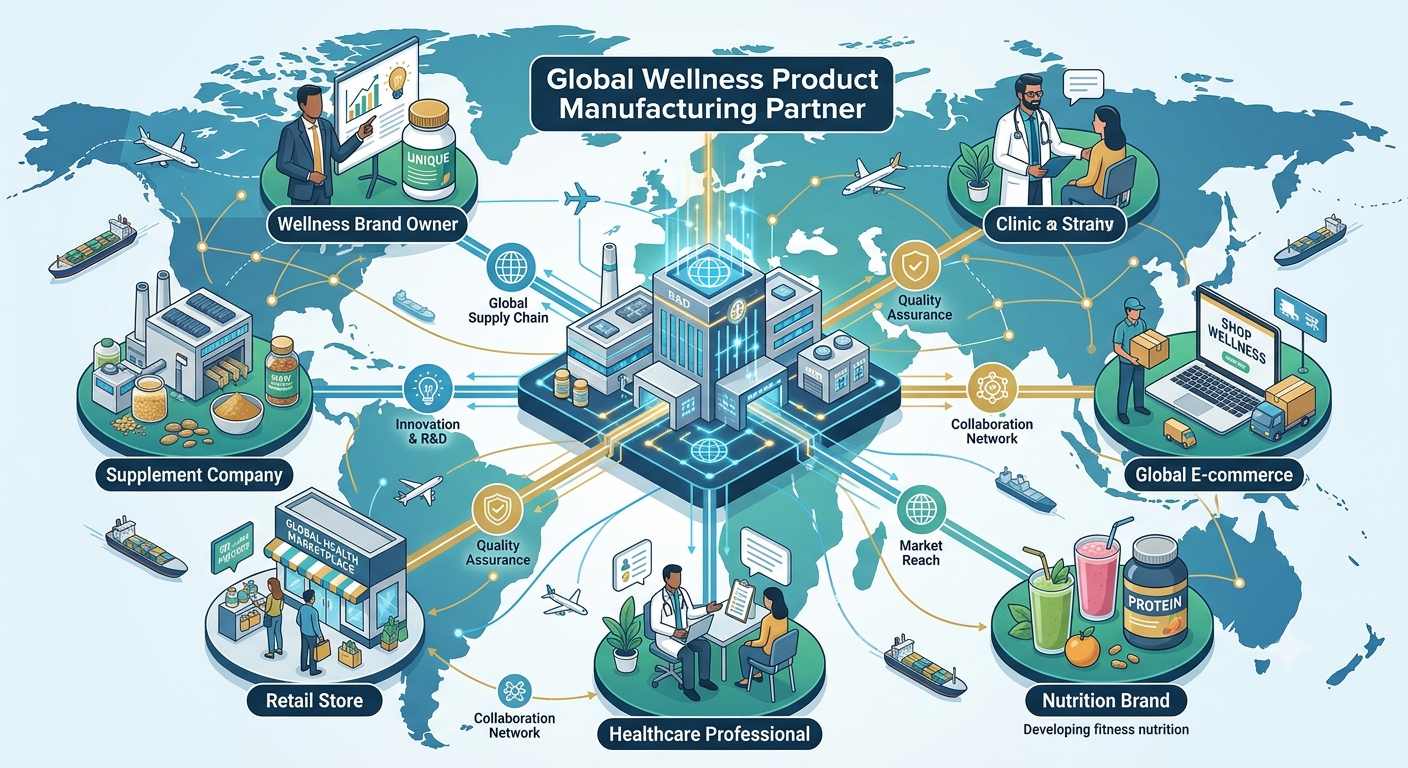 different customer industries connected through one wellness product manufacturing partner