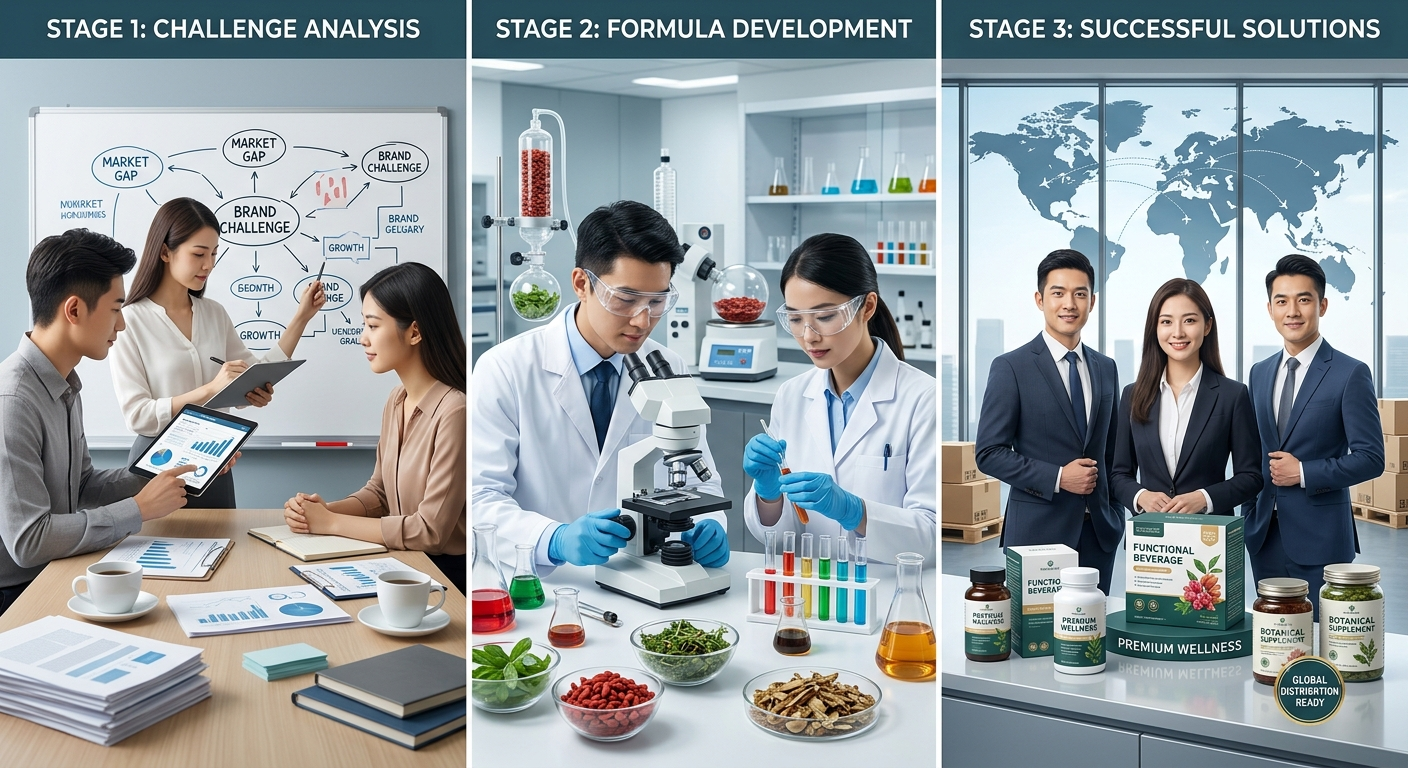 three-stage visual showing brand challenges transformed into successful product solutions